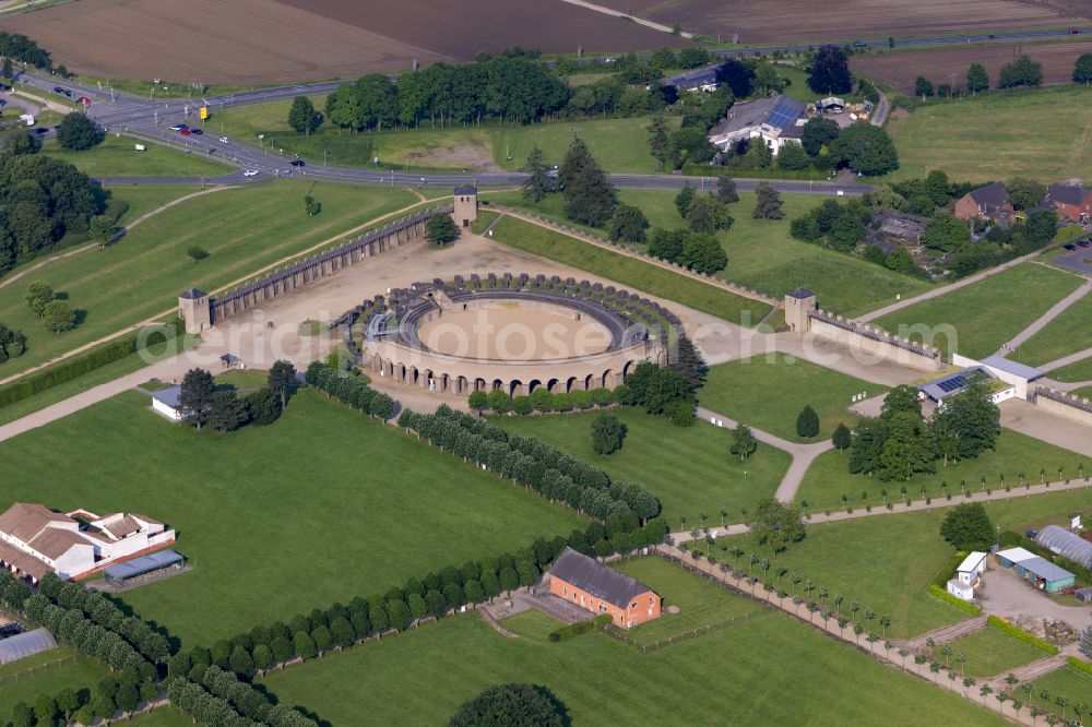 Xanten from above - Historical sight of the amphitheater ensemble in the archaeological park of the LVR Roman Museum in Xanten in the federal state of North Rhine-Westphalia, Germany