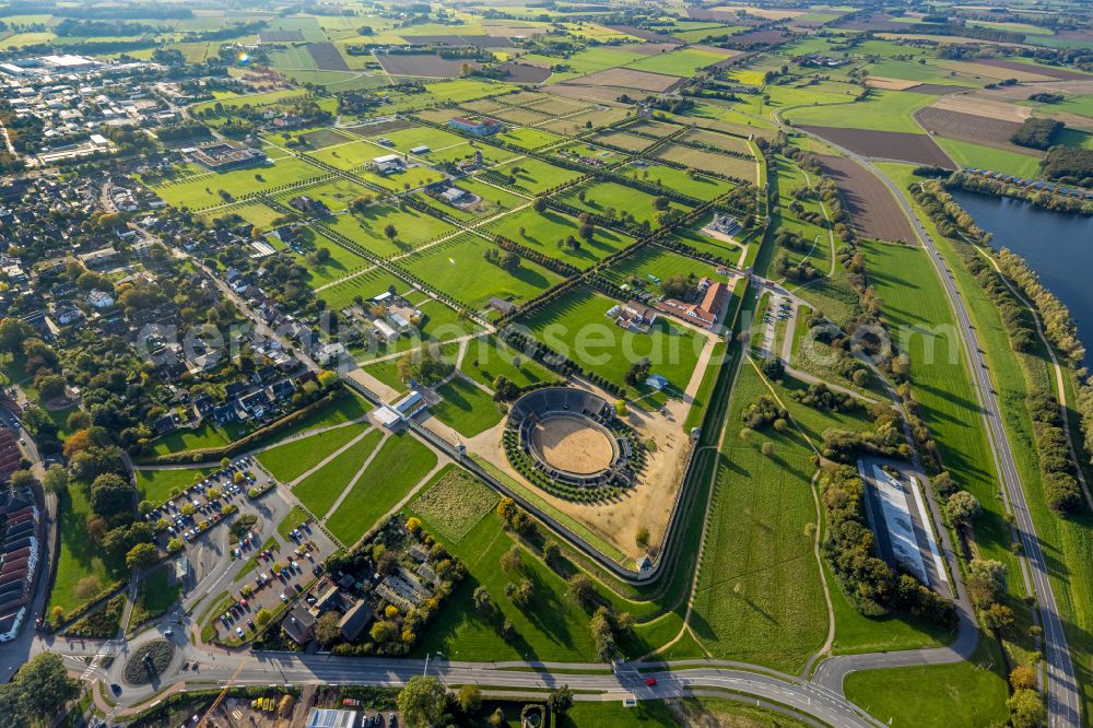 Xanten from the bird's eye view: Historical attraction of the ensemble of the amphitheater in Archaeologischer Park in Xanten in the state North Rhine-Westphalia, Germany