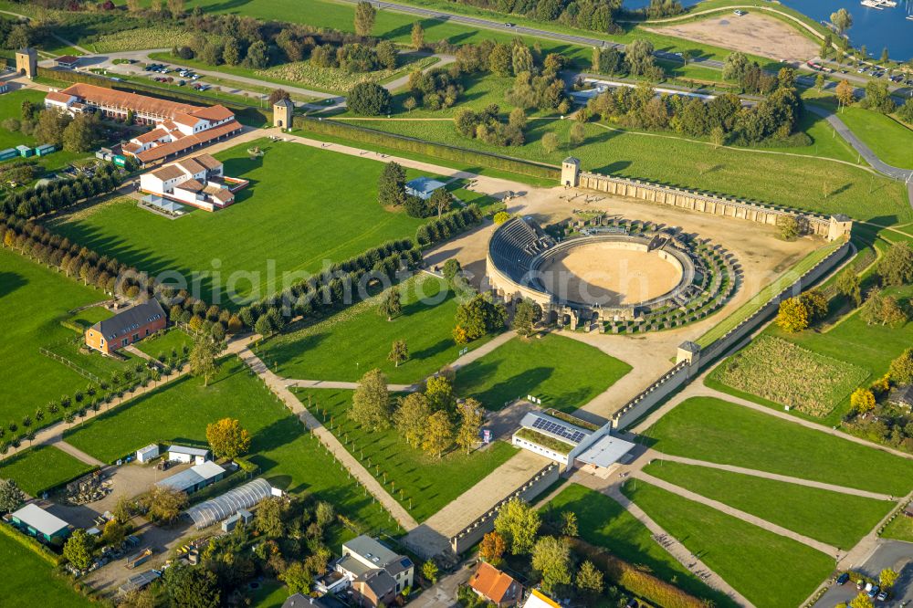 Aerial image Xanten - Historical attraction of the ensemble of the amphitheater in Archaeologischer Park in Xanten in the state North Rhine-Westphalia, Germany