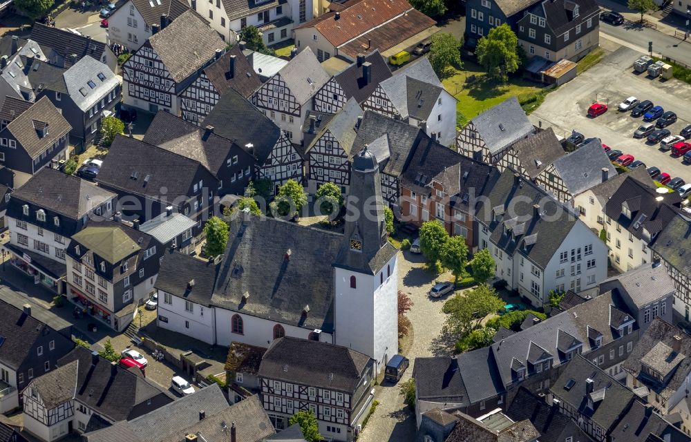 Bad Laasphe from above - Ensemble of half-timbered houses on the church square with the Evangelical City Church in Bad Laasphe in the state of North Rhine-Westphalia