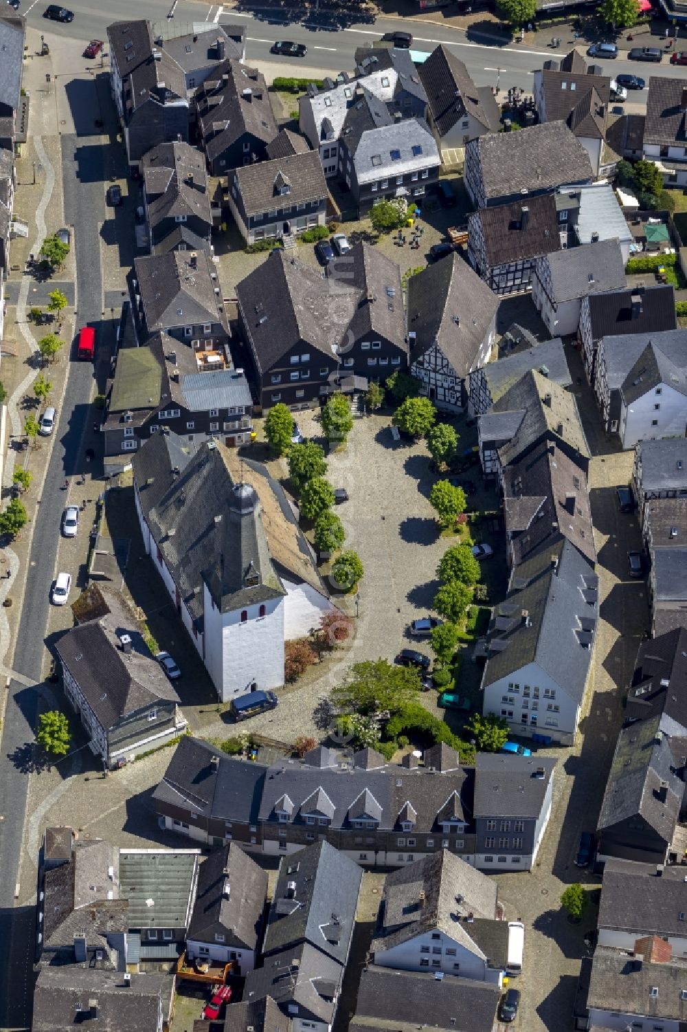 Bad Laasphe from the bird's eye view: Ensemble of half-timbered houses on the church square with the Evangelical City Church in Bad Laasphe in the state of North Rhine-Westphalia