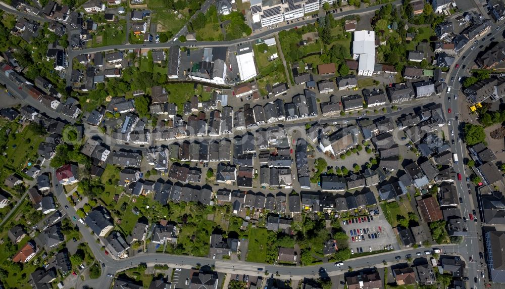 Bad Laasphe from above - Ensemble of half-timbered houses on the church square with the Evangelical City Church in Bad Laasphe in the state of North Rhine-Westphalia