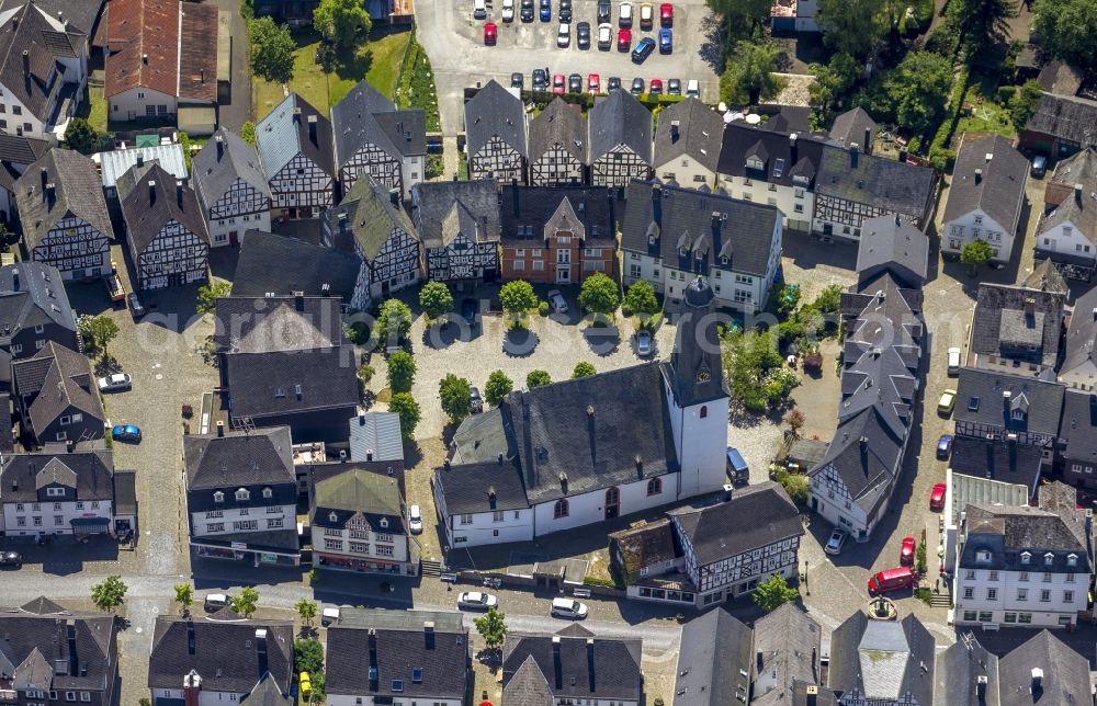 Bad Laasphe from the bird's eye view: Ensemble of half-timbered houses on the church square with the Evangelical City Church in Bad Laasphe in the state of North Rhine-Westphalia