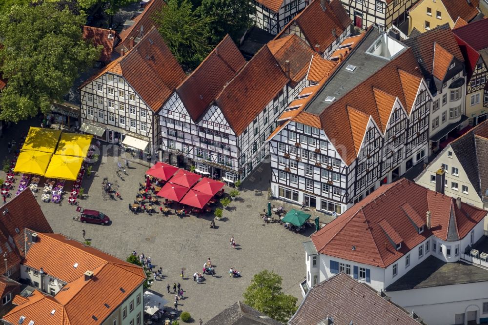 Aerial image Soest - Ensemble of half-timbered houses on the church square in Soest in the state of North Rhine-Westphalia