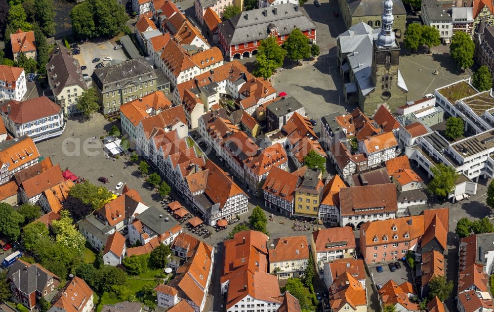 Soest from above - Ensemble of half-timbered houses on the church square in Soest in the state of North Rhine-Westphalia