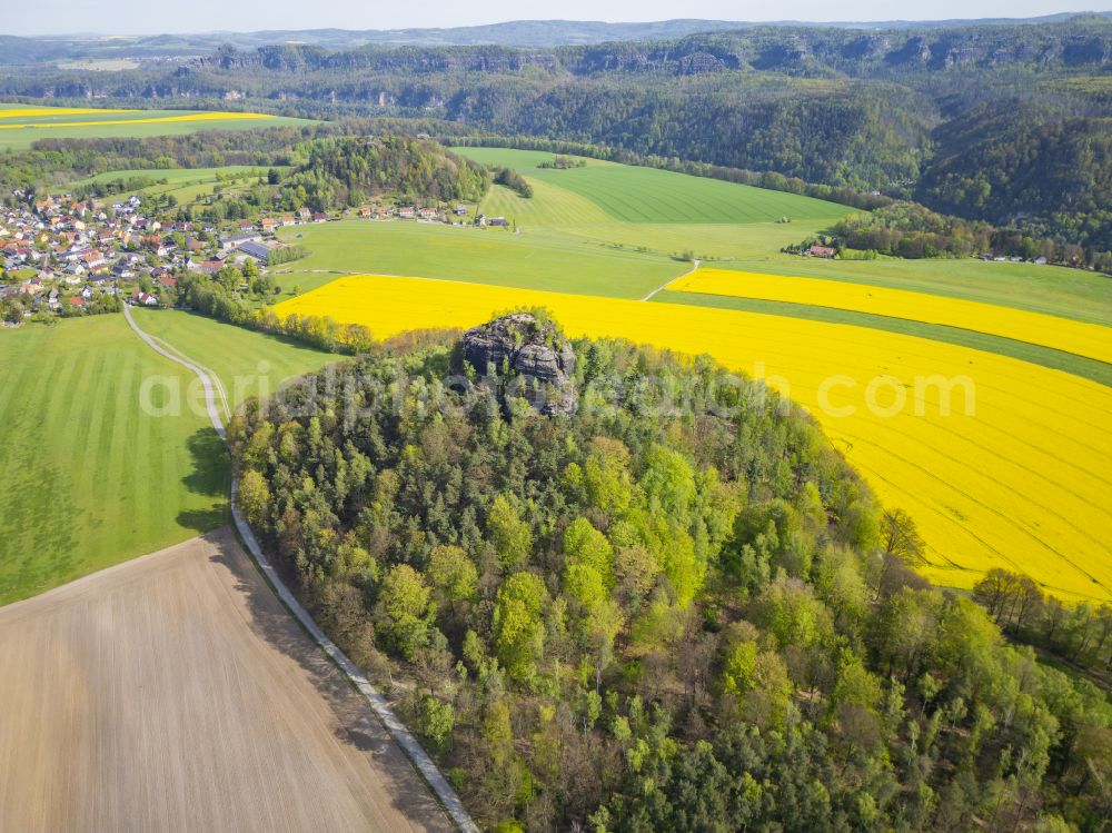 Reinhardtsdorf from above - Structures on agricultural fields on Fusse of Ensembles Kaiserkrone, Zirkelstein and den Zschirnsteinen in Reinhardtsdorf Saechsischen Schweiz in the state Saxony, Germany