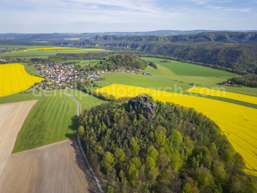 Reinhardtsdorf from the bird's eye view: Structures on agricultural fields on Fusse of Ensembles Kaiserkrone, Zirkelstein and den Zschirnsteinen in Reinhardtsdorf Saechsischen Schweiz in the state Saxony, Germany