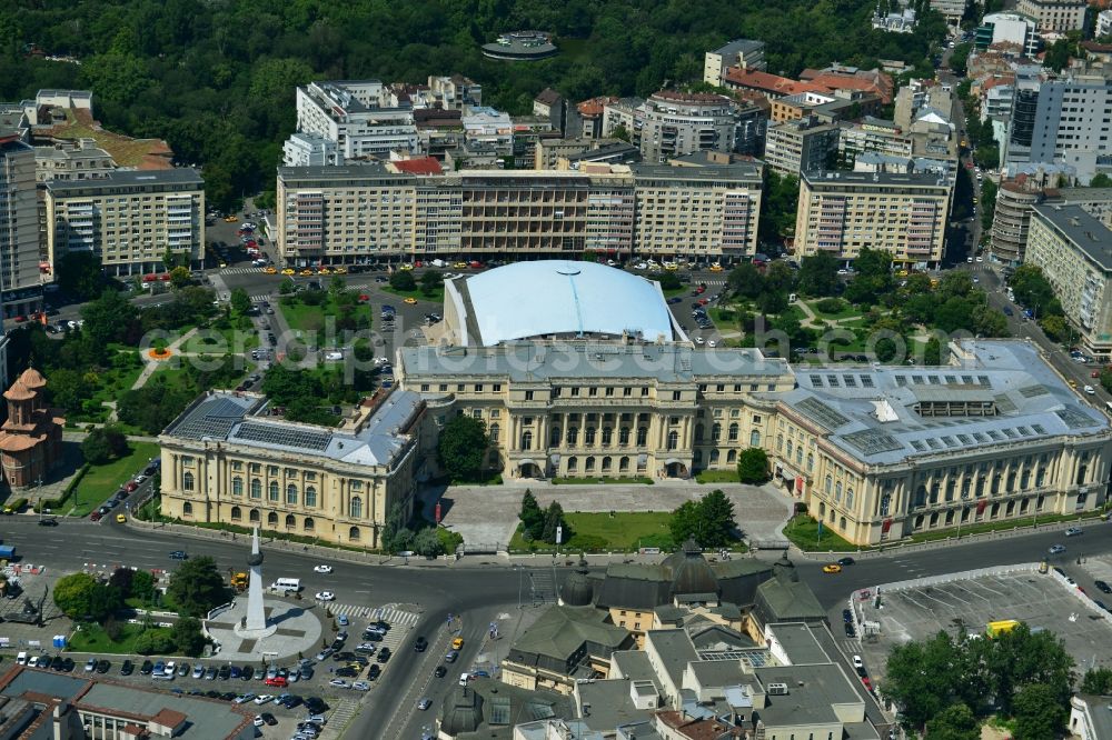 Bukarest from above - Ensemble on the street Calea Victoriei with the The National Museum of Art of Romania and the event hall Sala Palatului on the Strada Ion Campineanu in the city center of the capital Bucharest in Romania