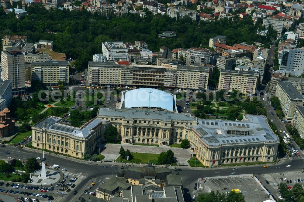 Bukarest from the bird's eye view: Ensemble on the street Calea Victoriei with the The National Museum of Art of Romania and the event hall Sala Palatului on the Strada Ion Campineanu in the city center of the capital Bucharest in Romania