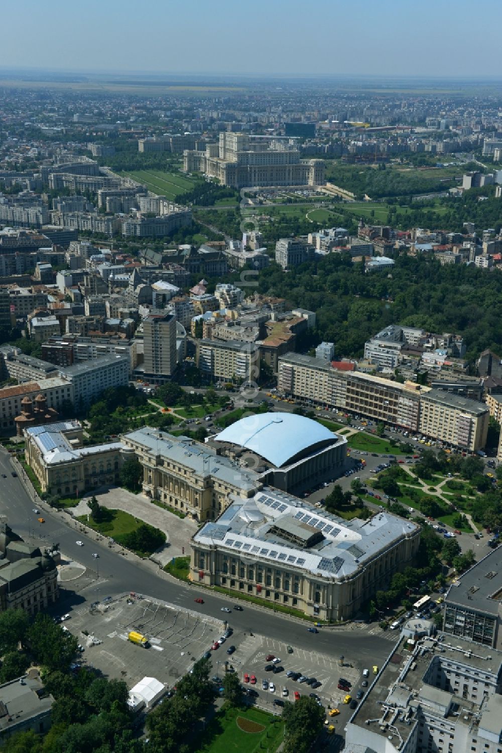 Bukarest from the bird's eye view: Ensemble on the street Calea Victoriei with the The National Museum of Art of Romania and the event hall Sala Palatului on the Strada Ion Campineanu in the city center of the capital Bucharest in Romania