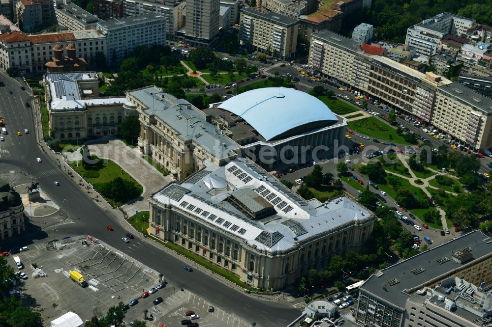 Aerial image Bukarest - Ensemble on the street Calea Victoriei with the The National Museum of Art of Romania and the event hall Sala Palatului on the Strada Ion Campineanu in the city center of the capital Bucharest in Romania