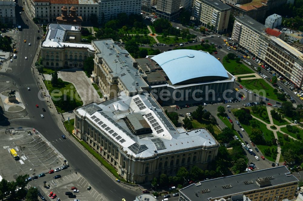 Aerial photograph Bukarest - Ensemble on the street Calea Victoriei with the The National Museum of Art of Romania and the event hall Sala Palatului on the Strada Ion Campineanu in the city center of the capital Bucharest in Romania