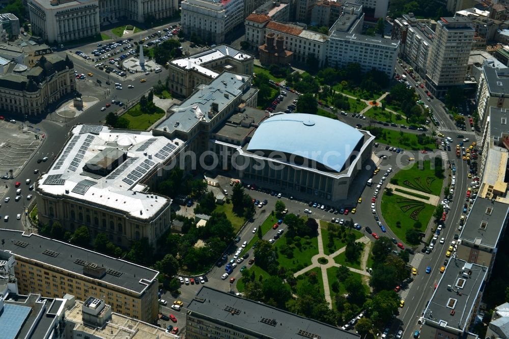 Bukarest from above - Ensemble on the street Calea Victoriei with the The National Museum of Art of Romania and the event hall Sala Palatului on the Strada Ion Campineanu in the city center of the capital Bucharest in Romania