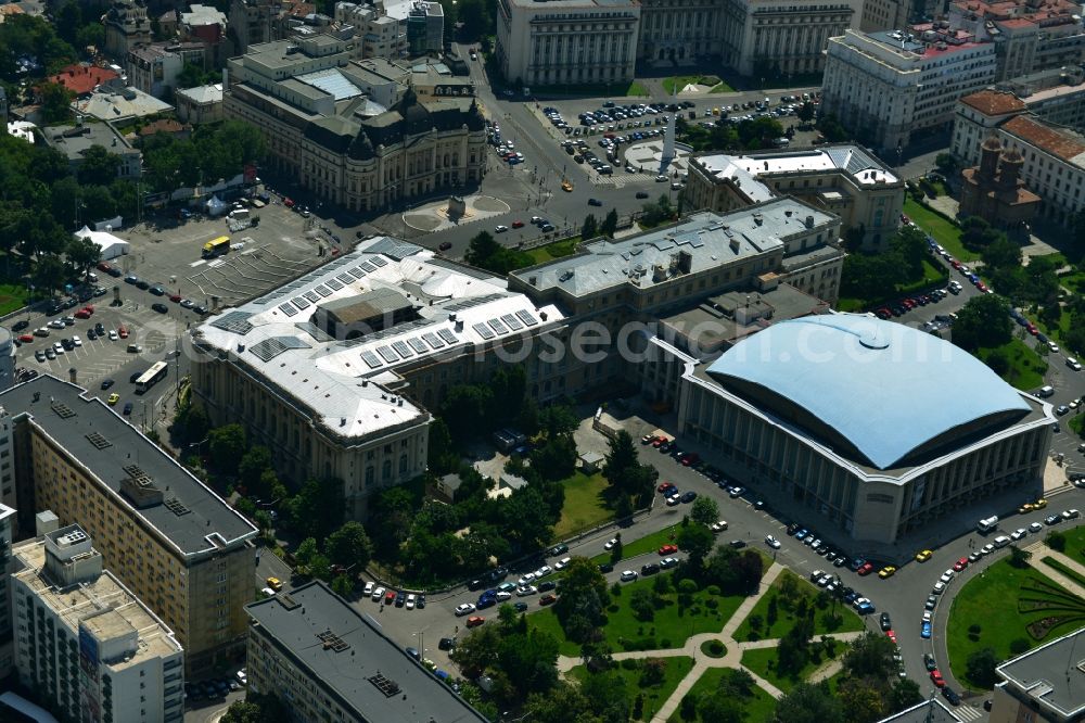 Bukarest from the bird's eye view: Ensemble on the street Calea Victoriei with the The National Museum of Art of Romania and the event hall Sala Palatului on the Strada Ion Campineanu in the city center of the capital Bucharest in Romania