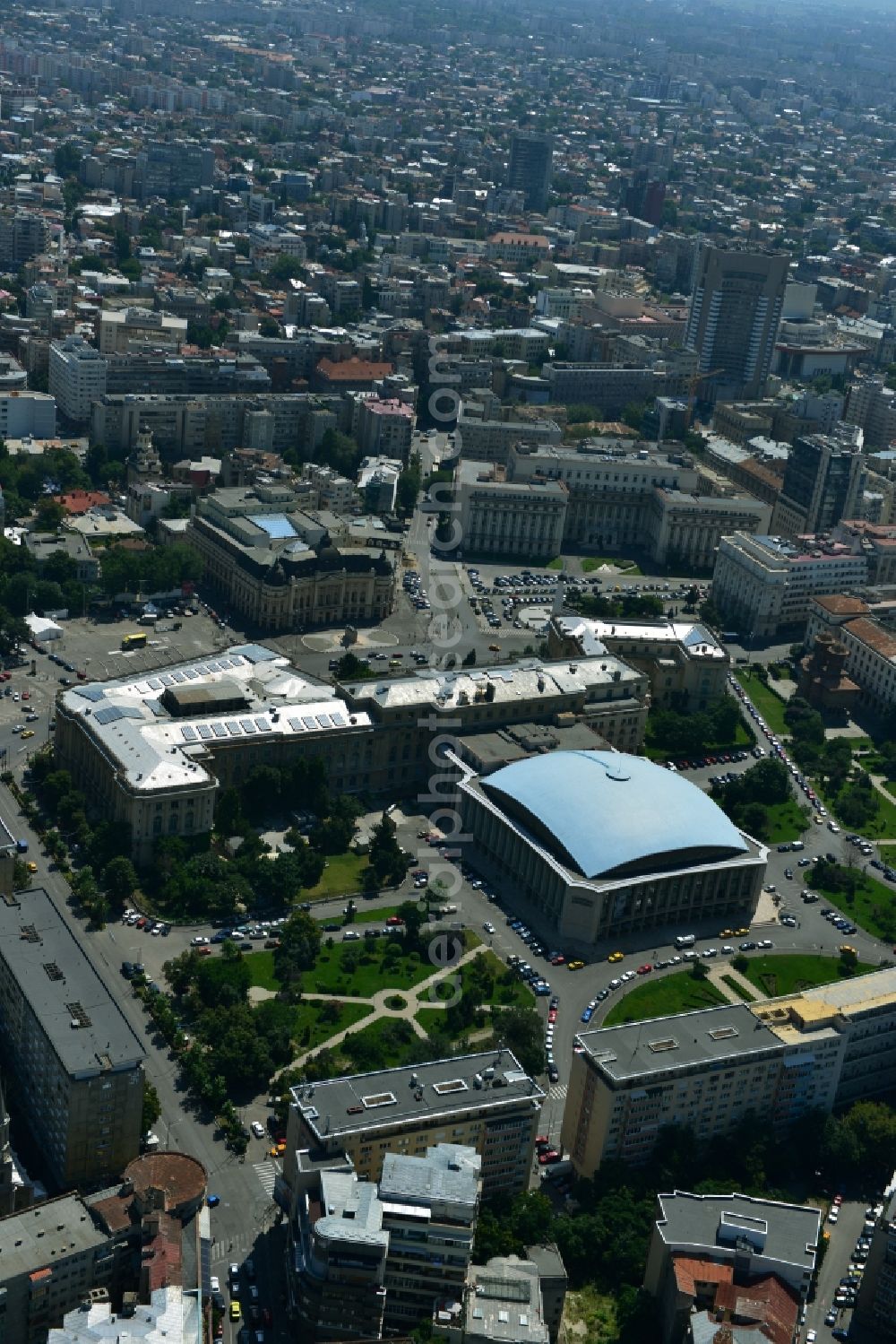 Aerial image Bukarest - Ensemble on the street Calea Victoriei with the The National Museum of Art of Romania and the event hall Sala Palatului on the Strada Ion Campineanu in the city center of the capital Bucharest in Romania