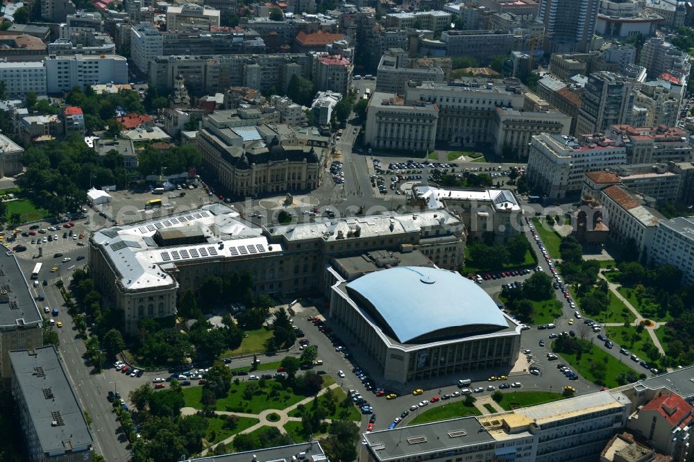 Aerial photograph Bukarest - Ensemble on the street Calea Victoriei with the The National Museum of Art of Romania and the event hall Sala Palatului on the Strada Ion Campineanu in the city center of the capital Bucharest in Romania