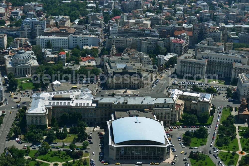 Bukarest from above - Ensemble on the street Calea Victoriei with the The National Museum of Art of Romania and the event hall Sala Palatului on the Strada Ion Campineanu in the city center of the capital Bucharest in Romania