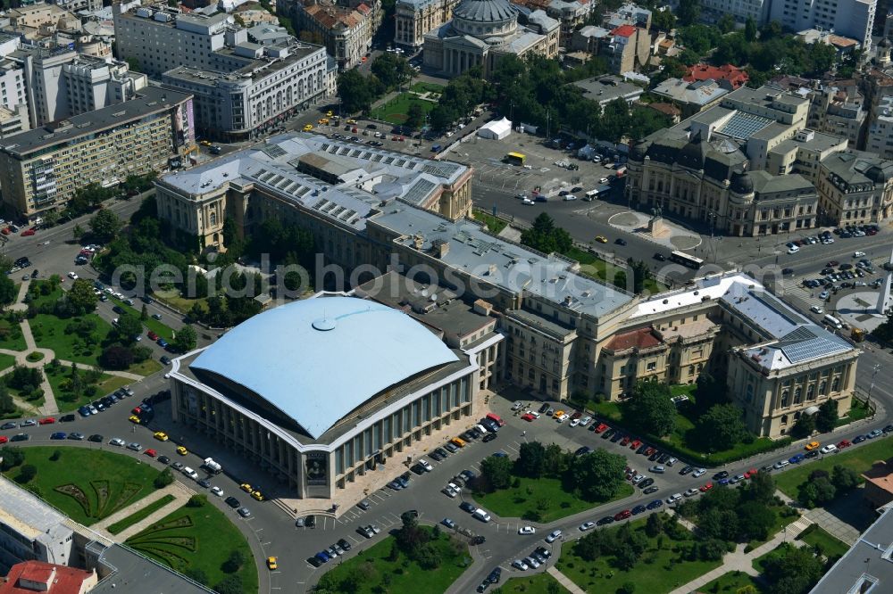 Bukarest from the bird's eye view: Ensemble on the street Calea Victoriei with the The National Museum of Art of Romania and the event hall Sala Palatului on the Strada Ion Campineanu in the city center of the capital Bucharest in Romania