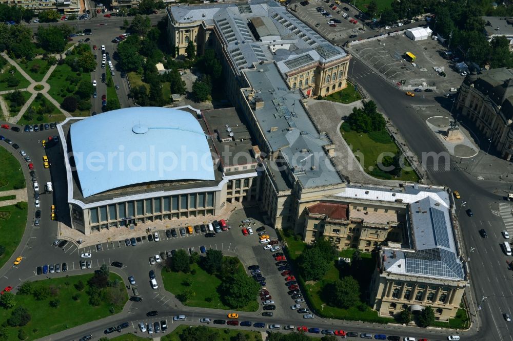 Aerial image Bukarest - Ensemble on the street Calea Victoriei with the The National Museum of Art of Romania and the event hall Sala Palatului on the Strada Ion Campineanu in the city center of the capital Bucharest in Romania