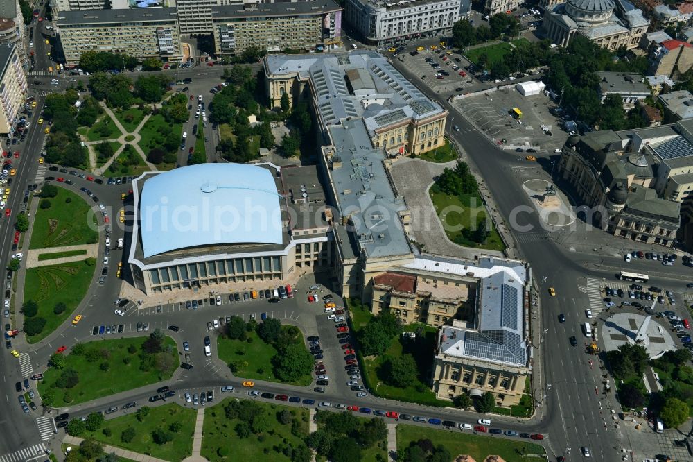 Aerial photograph Bukarest - Ensemble on the street Calea Victoriei with the The National Museum of Art of Romania and the event hall Sala Palatului on the Strada Ion Campineanu in the city center of the capital Bucharest in Romania