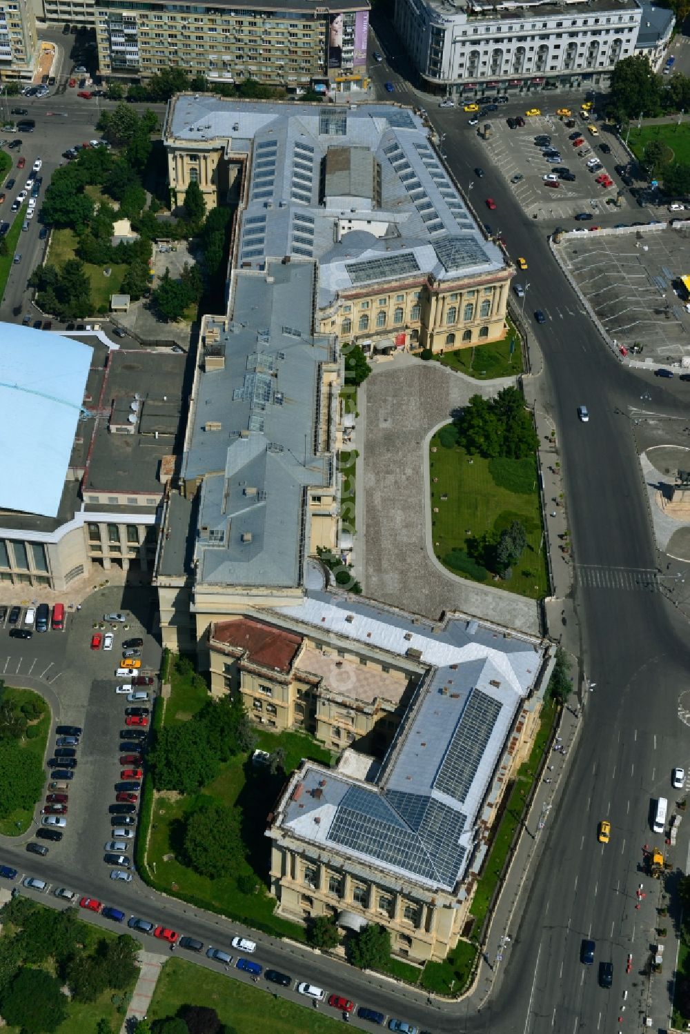 Bukarest from above - Ensemble on the street Calea Victoriei with the The National Museum of Art of Romania and the event hall Sala Palatului on the Strada Ion Campineanu in the city center of the capital Bucharest in Romania