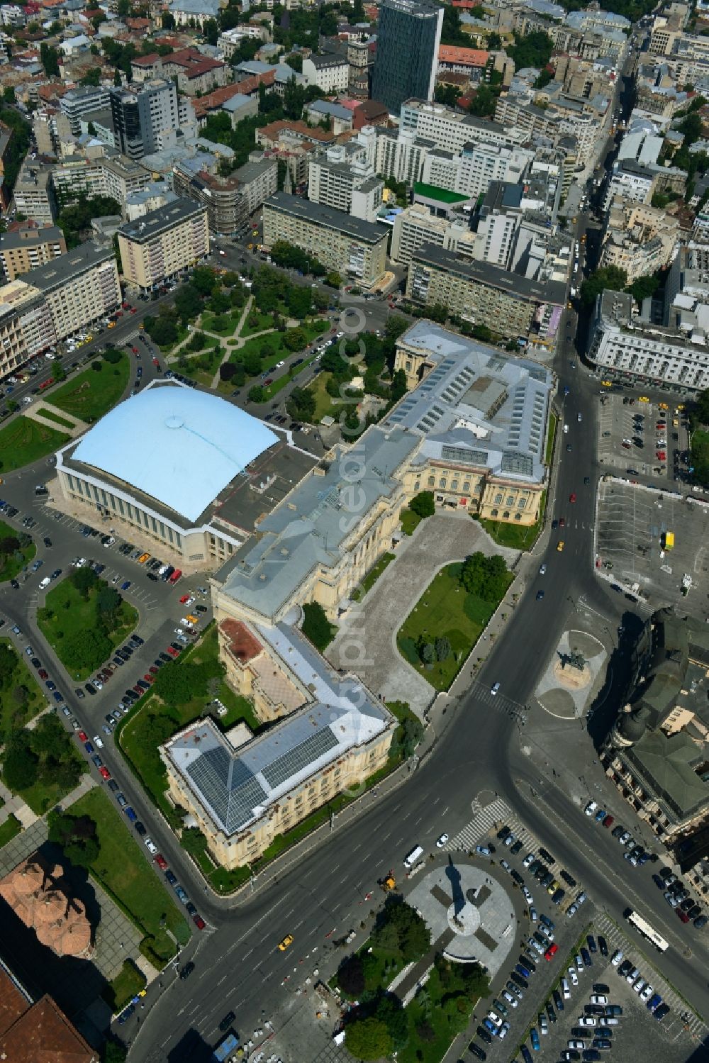 Bukarest from the bird's eye view: Ensemble on the street Calea Victoriei with the The National Museum of Art of Romania and the event hall Sala Palatului on the Strada Ion Campineanu in the city center of the capital Bucharest in Romania