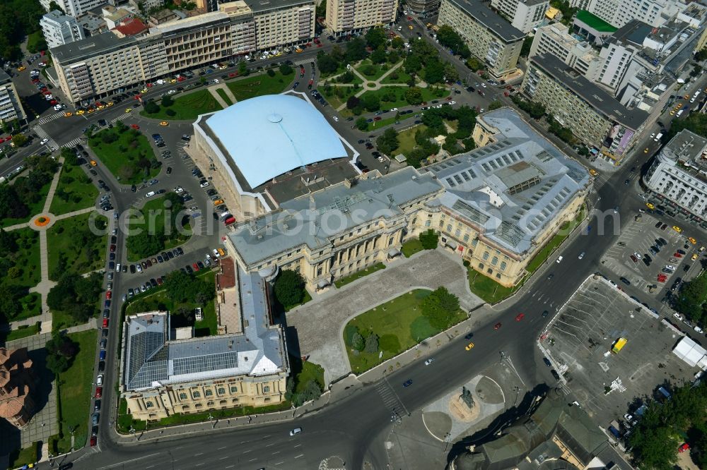 Aerial image Bukarest - Ensemble on the street Calea Victoriei with the The National Museum of Art of Romania and the event hall Sala Palatului on the Strada Ion Campineanu in the city center of the capital Bucharest in Romania