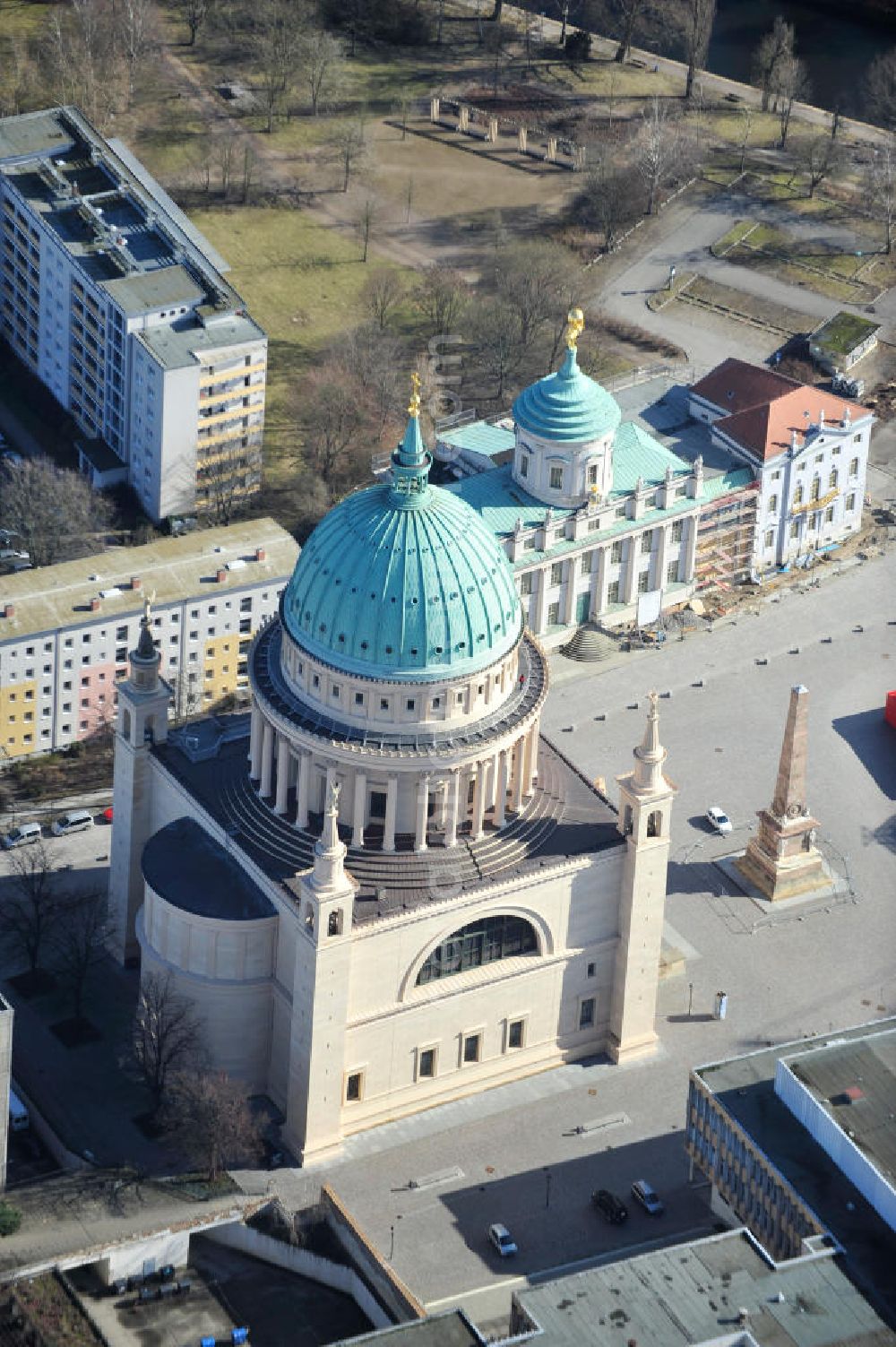 Aerial image Potsdam - View of the scaffolding St. Nikolai Church in Potsdam. The central building in the neoclassical style, was designed by the architect Karl Friedrich Schinkel and has been in restoration works since 2002