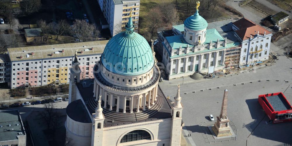 Aerial image Potsdam - View of the scaffolding St. Nikolai Church in Potsdam. The central building in the neoclassical style, was designed by the architect Karl Friedrich Schinkel and has been in restoration works since 2002