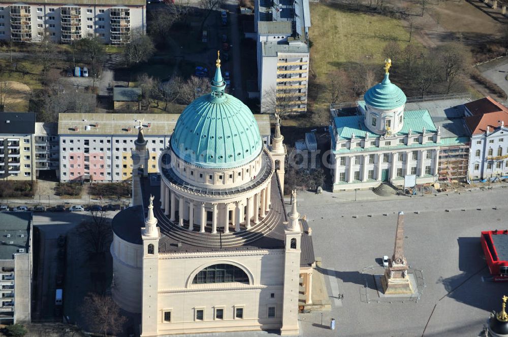 Aerial photograph Potsdam - View of the scaffolding St. Nikolai Church in Potsdam. The central building in the neoclassical style, was designed by the architect Karl Friedrich Schinkel and has been in restoration works since 2002