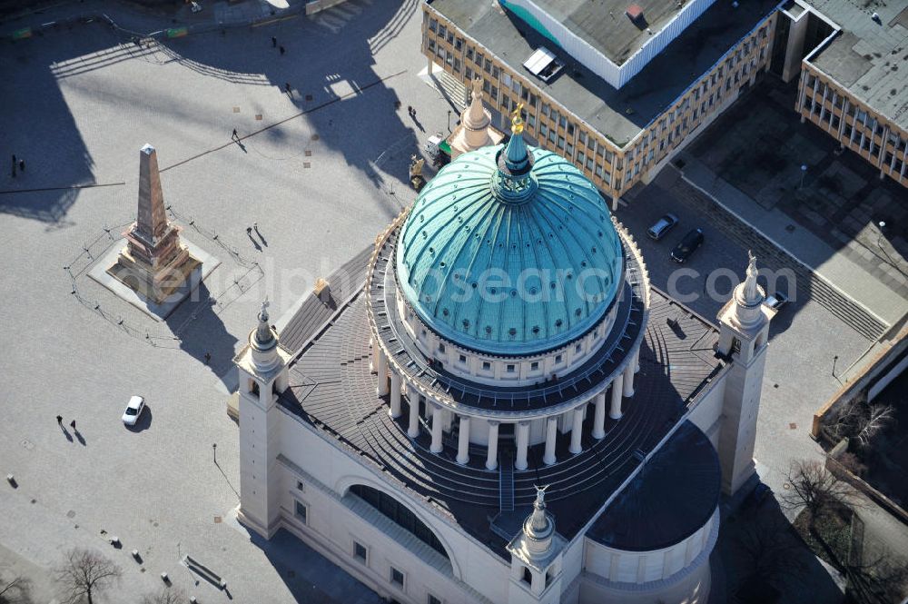 Potsdam from above - View of the scaffolding St. Nikolai Church in Potsdam. The central building in the neoclassical style, was designed by the architect Karl Friedrich Schinkel and has been in restoration works since 2002