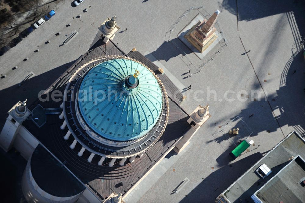 Potsdam from the bird's eye view: View of the scaffolding St. Nikolai Church in Potsdam. The central building in the neoclassical style, was designed by the architect Karl Friedrich Schinkel and has been in restoration works since 2002