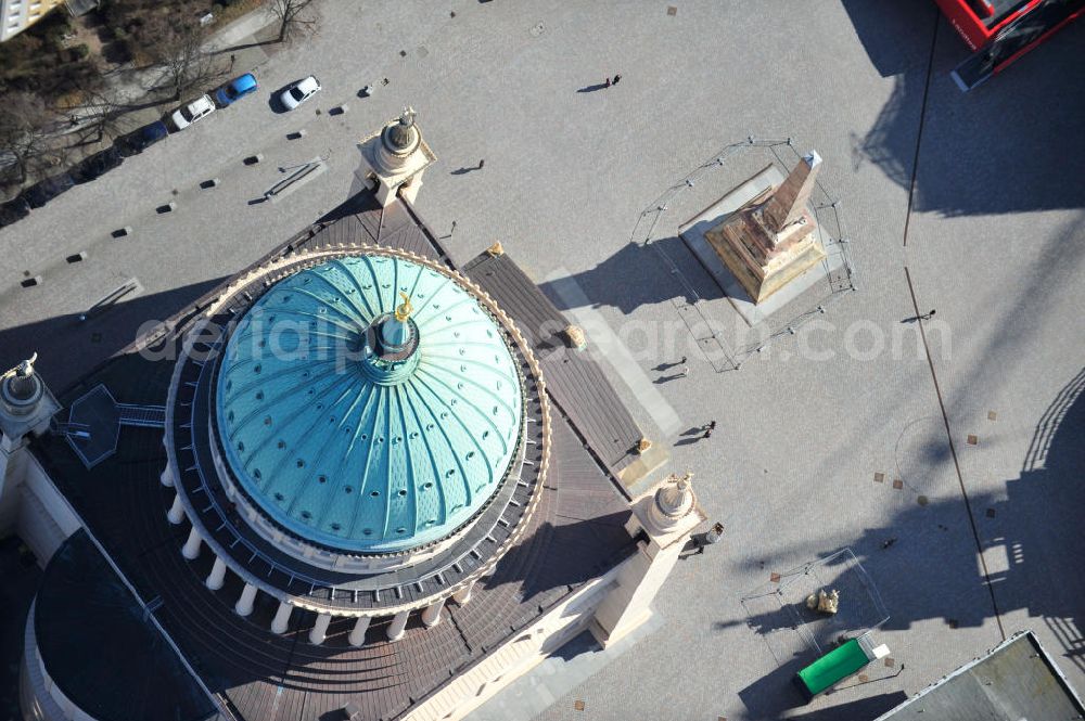 Aerial photograph Potsdam - View of the scaffolding St. Nikolai Church in Potsdam. The central building in the neoclassical style, was designed by the architect Karl Friedrich Schinkel and has been in restoration works since 2002