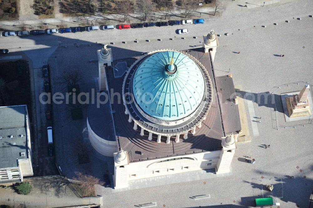 Potsdam from above - View of the scaffolding St. Nikolai Church in Potsdam. The central building in the neoclassical style, was designed by the architect Karl Friedrich Schinkel and has been in restoration works since 2002