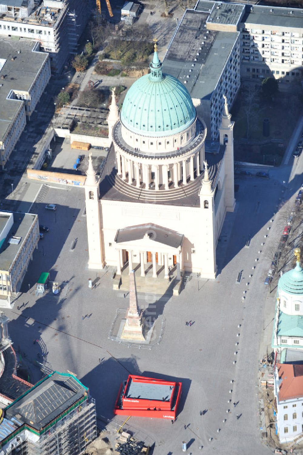 Aerial photograph Potsdam - View of the scaffolding St. Nikolai Church in Potsdam. The central building in the neoclassical style, was designed by the architect Karl Friedrich Schinkel and has been in restoration works since 2002