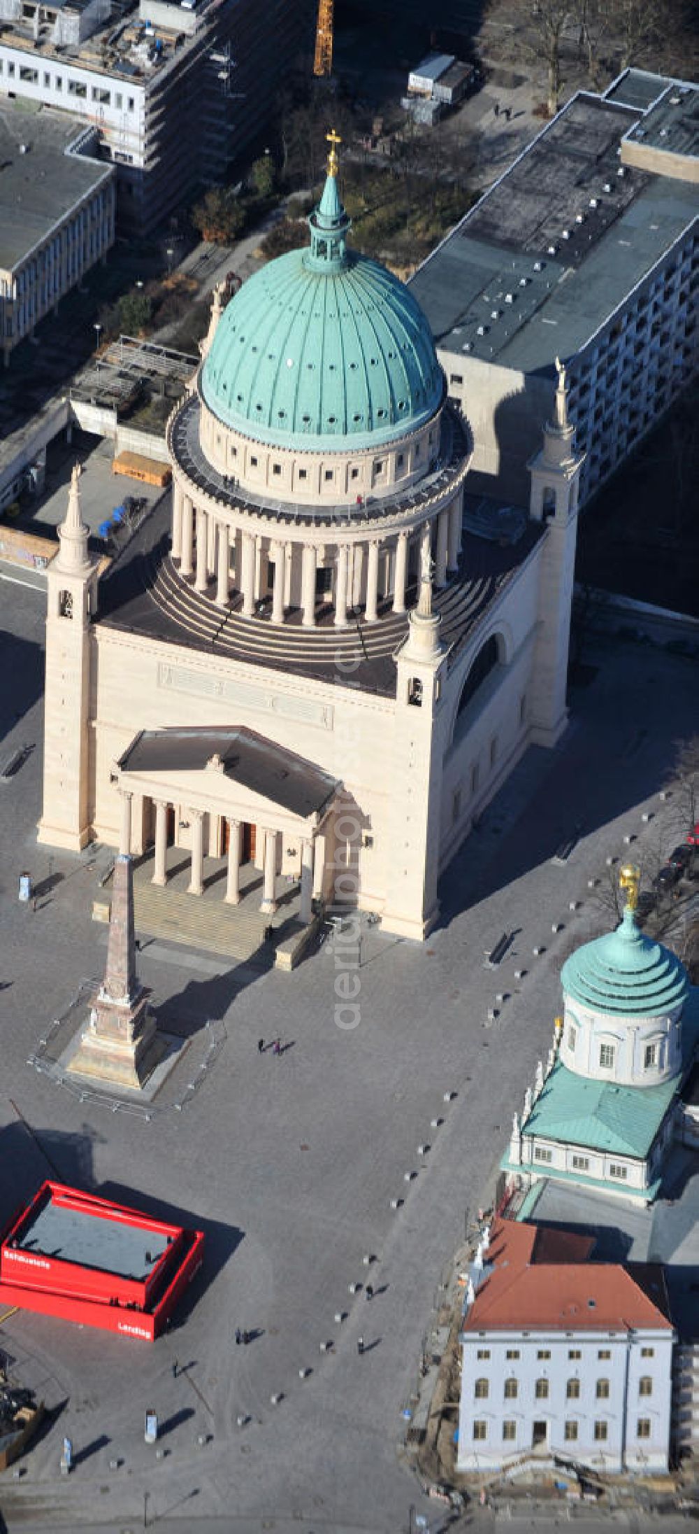 Potsdam from above - View of the scaffolding St. Nikolai Church in Potsdam. The central building in the neoclassical style, was designed by the architect Karl Friedrich Schinkel and has been in restoration works since 2002