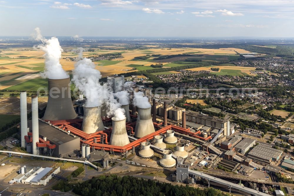 Niederaußem from above - Ensemble of the RWE coal power plant in Neurath and Niederaussem in North Rhine-Westphalia