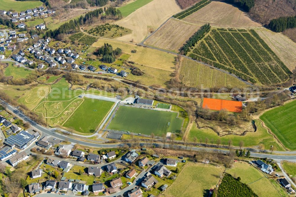 Eslohe (Sauerland) from above - Ensemble of sports grounds of Ballspielclub 1918 Eslohe on Hauptstrasse in Eslohe (Sauerland) in the state North Rhine-Westphalia, Germany