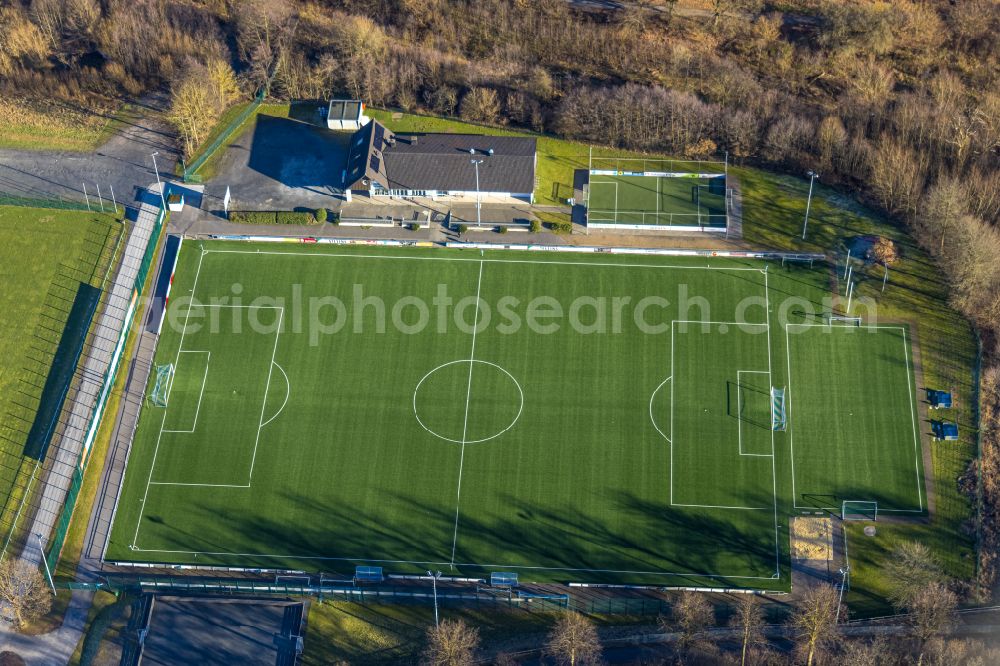 Eslohe (Sauerland) from above - Ensemble of sports grounds of Ballspielclub 1918 Eslohe on Hauptstrasse in Eslohe (Sauerland) in the state North Rhine-Westphalia, Germany