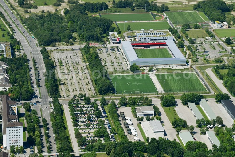 Aerial photograph München - Ensemble of sports field facilities on the FC Bayern Campus in Munich in the state of Bavaria, Germany