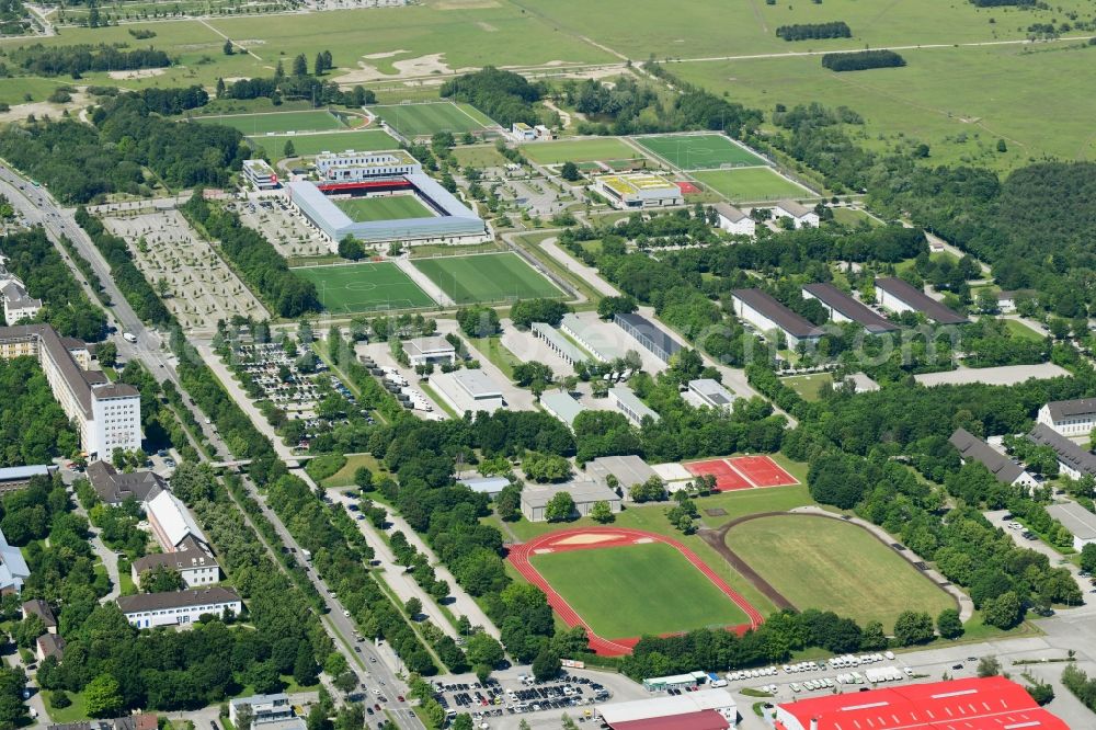 Aerial image München - Ensemble of sports field facilities on the FC Bayern Campus in Munich in the state of Bavaria, Germany