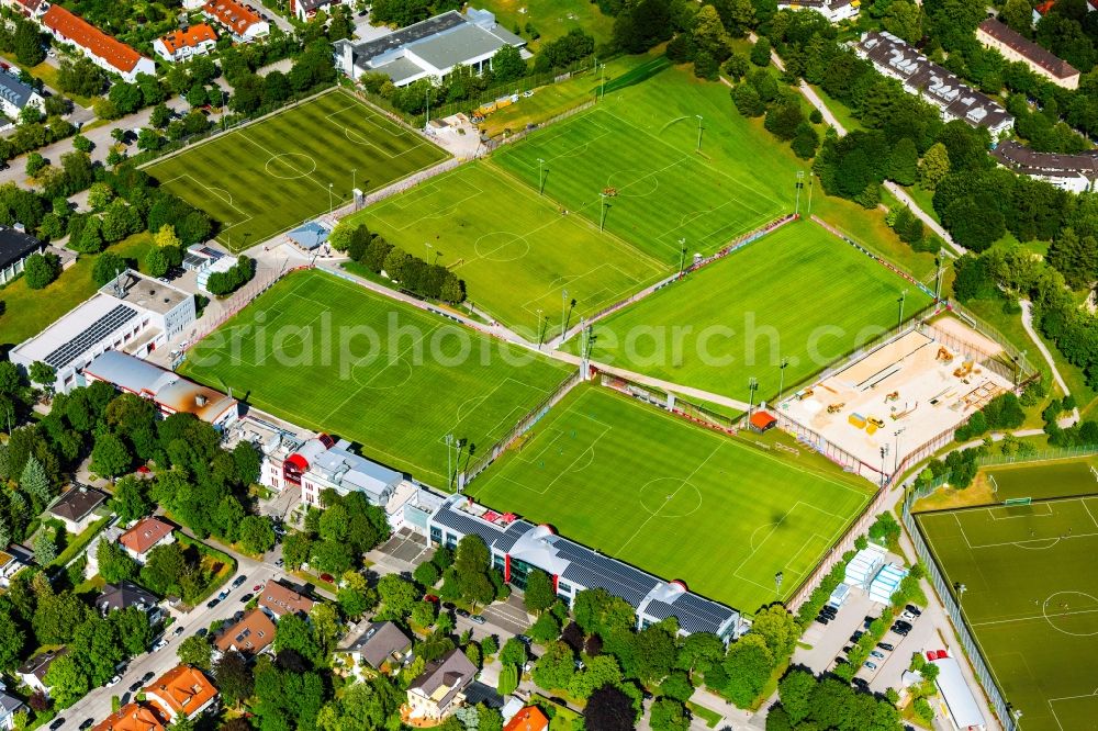 München from the bird's eye view: Ensemble of sports grounds of FC Bayern Muenchen e.V. on Saebener Strasse in Munich in the state Bavaria, Germany