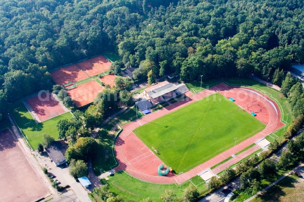 Kandel from above - Ensemble of sports grounds Bienwaldstadion and Tennisclub in Kandel in the state Rhineland-Palatinate