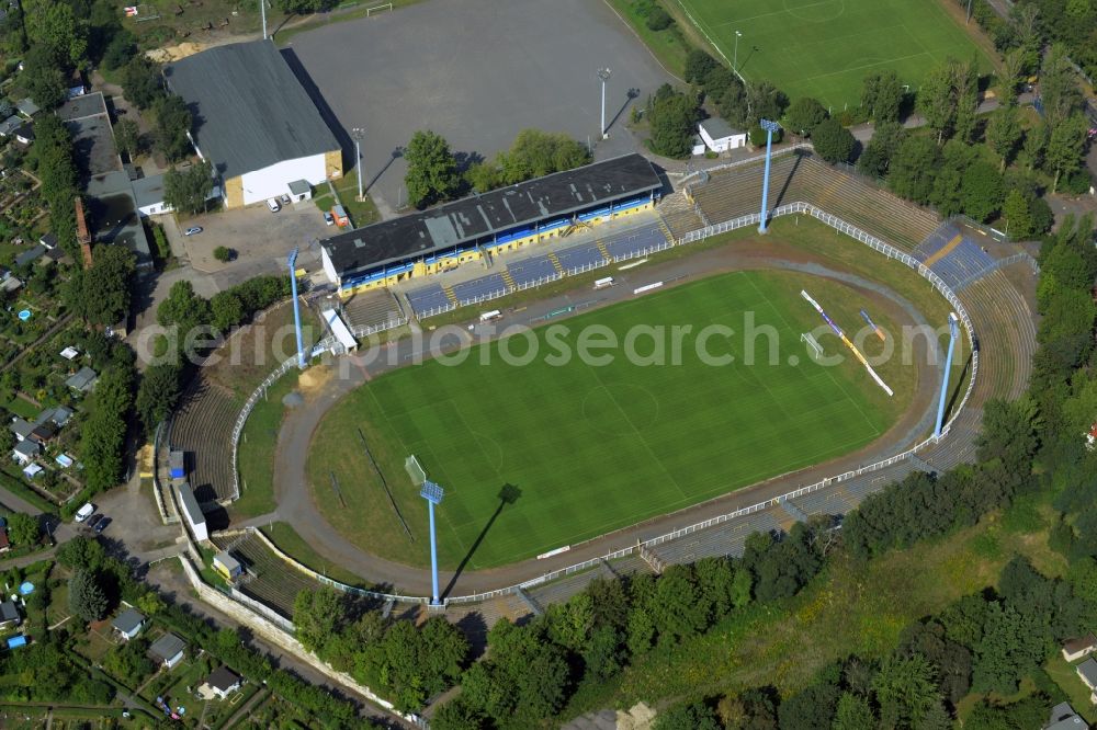 Leipzig from the bird's eye view: Ensemble of sports grounds Bruno-Plache-Stadion with attached club house of the 1. FC Lokomotive Leipzig e.V. in Leipzig in the state Saxony