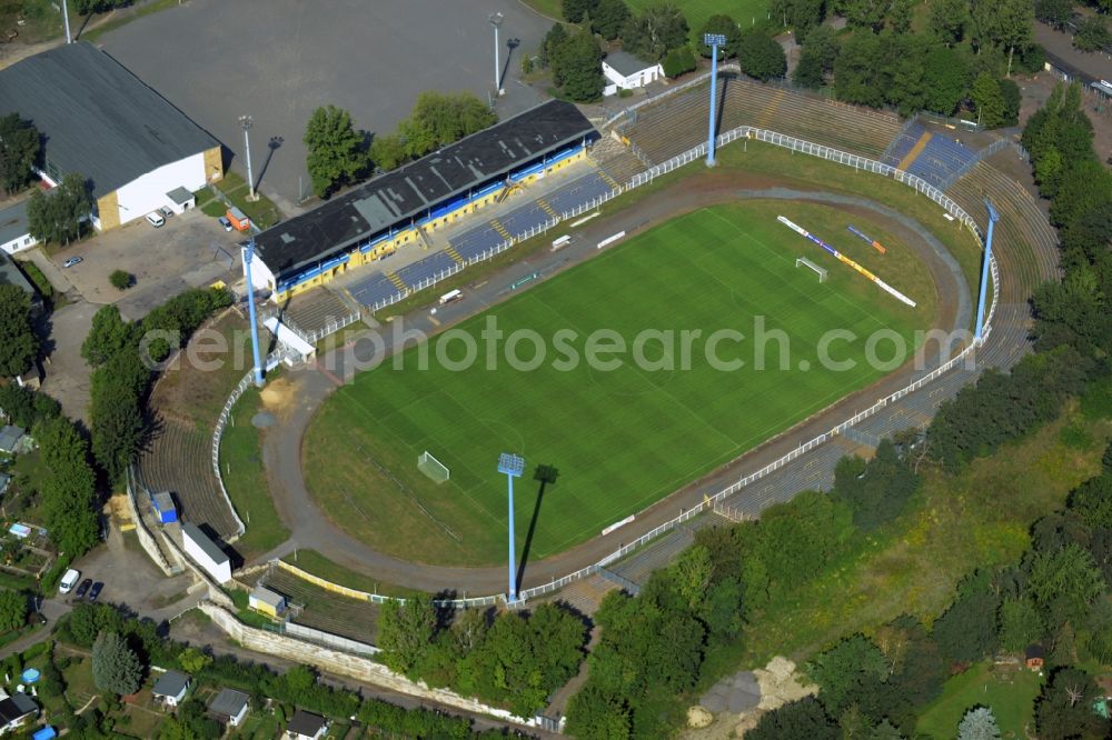 Aerial image Leipzig - Ensemble of sports grounds Bruno-Plache-Stadion with attached club house of the 1. FC Lokomotive Leipzig e.V. in Leipzig in the state Saxony