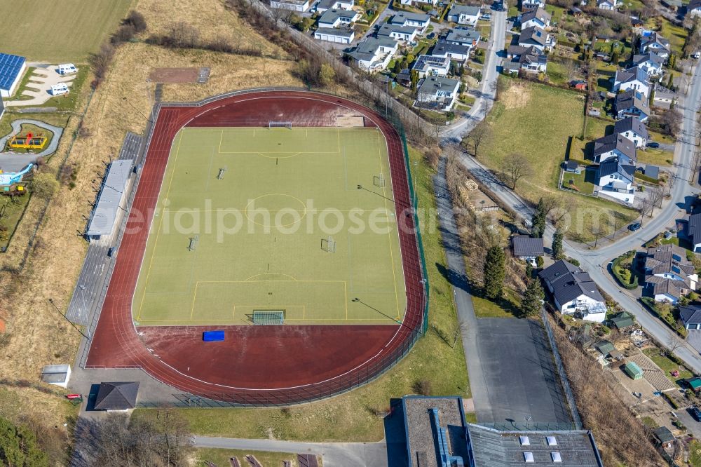 Schmallenberg from above - Ensemble of sports grounds on Christine-Koch-Schule along the Obringhauser Strasse in Schmallenberg in the state North Rhine-Westphalia, Germany