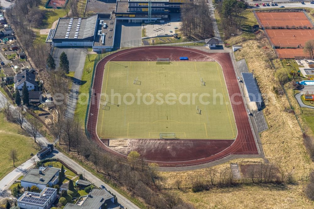 Schmallenberg from above - Ensemble of sports grounds on Christine-Koch-Schule along the Obringhauser Strasse in Schmallenberg in the state North Rhine-Westphalia, Germany