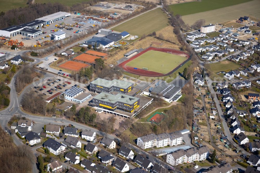 Aerial image Schmallenberg - Ensemble of sports grounds on Christine-Koch-Schule along the Obringhauser Strasse in Schmallenberg in the state North Rhine-Westphalia, Germany