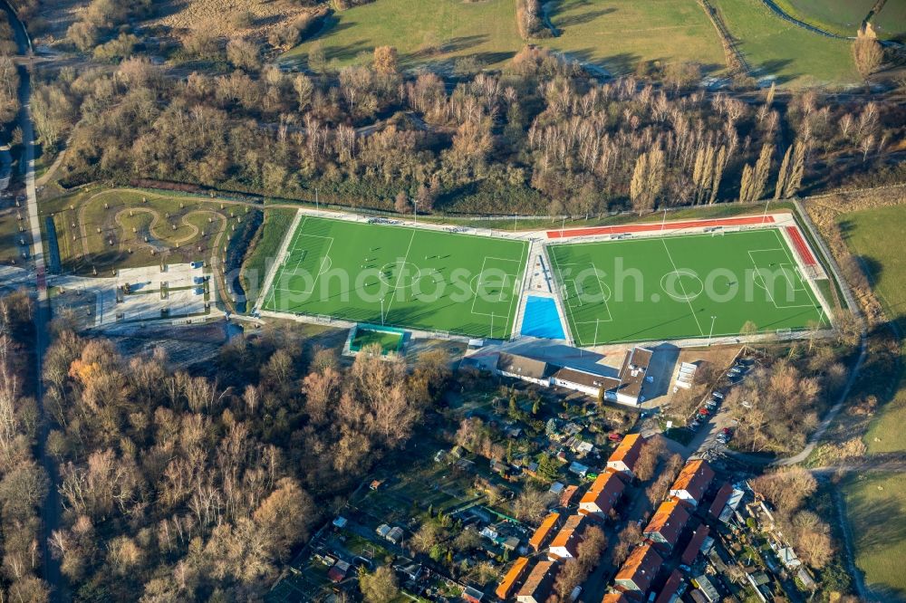 Essen from above - Ensemble of sports grounds of DJK Essen-Katernberg 1919 e.V. on Meerbruchstrasse in the district Katernberg in Essen in the state North Rhine-Westphalia, Germany