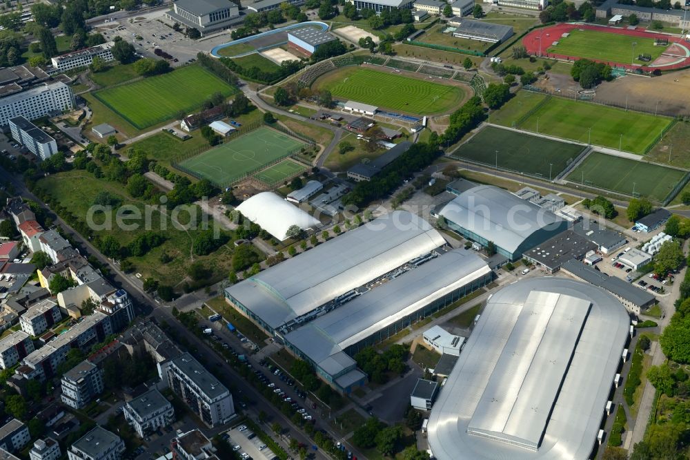 Aerial photograph Berlin - Ensemble of sports grounds and Eisschnelllaufhalle in Sportforum Berlin Konrad-Wolf-Strasse in the district Hohenschoenhausen in Berlin, Germany